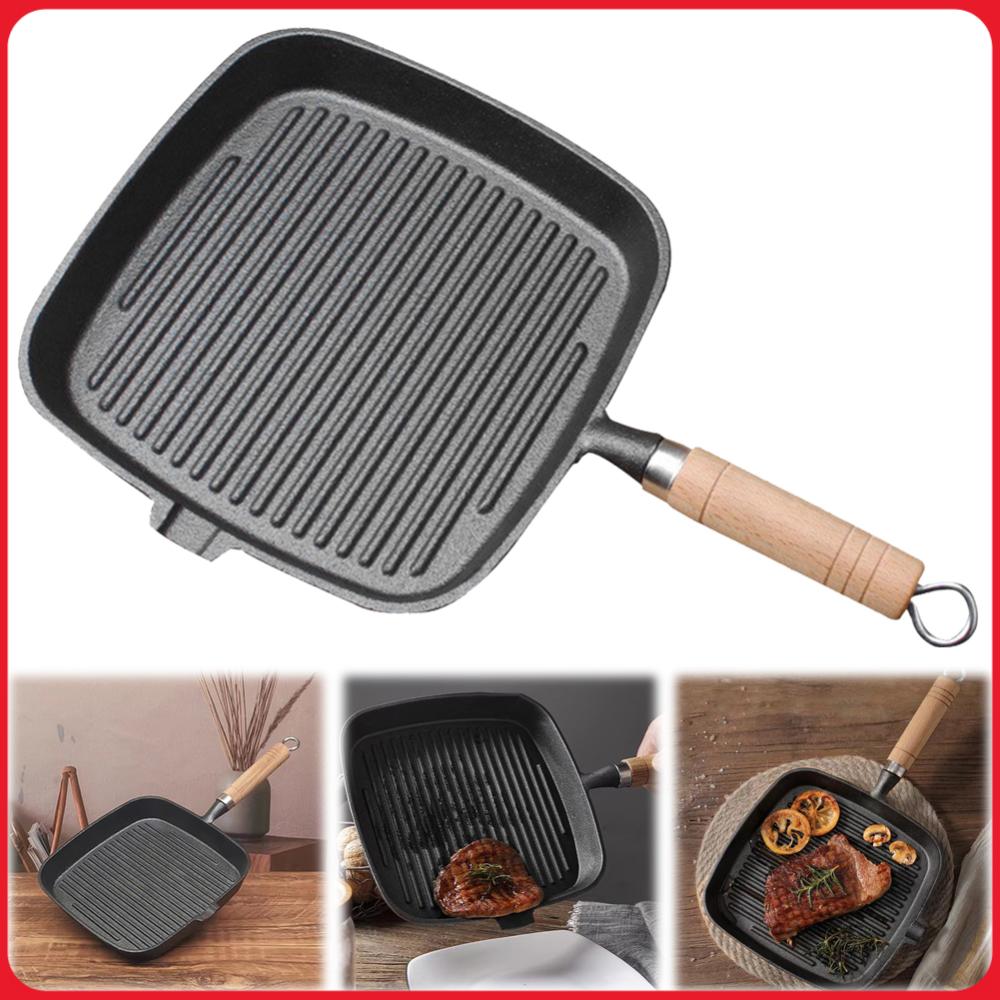 Skillet Cast Iron Camp - Iron Skillet Steak Pan with Wooden