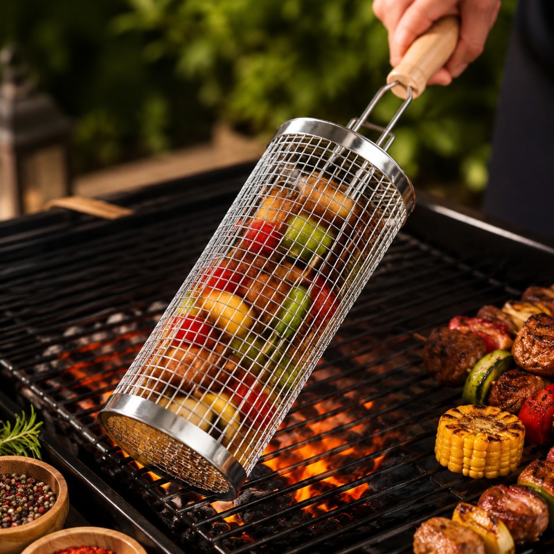 Round Barbecue Grill Basket Se - Camping Cooking Meat 评论和价格