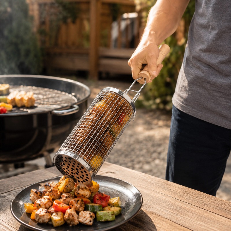 Round Barbecue Grill Basket Se - Camping Cooking Meat 评论和价格