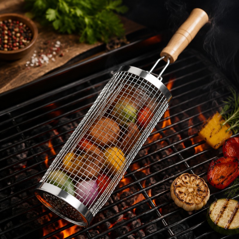 Round Barbecue Grill Basket Se - Camping Cooking Meat 评论和价格