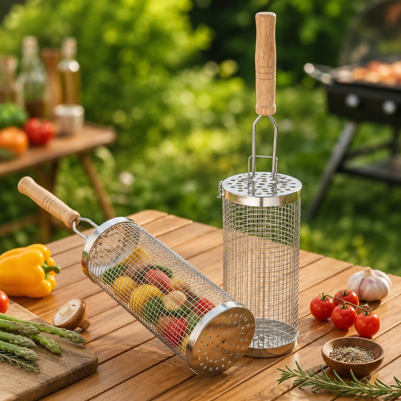 Round Barbecue Grill Basket Se - Camping Cooking Meat 评论和价格