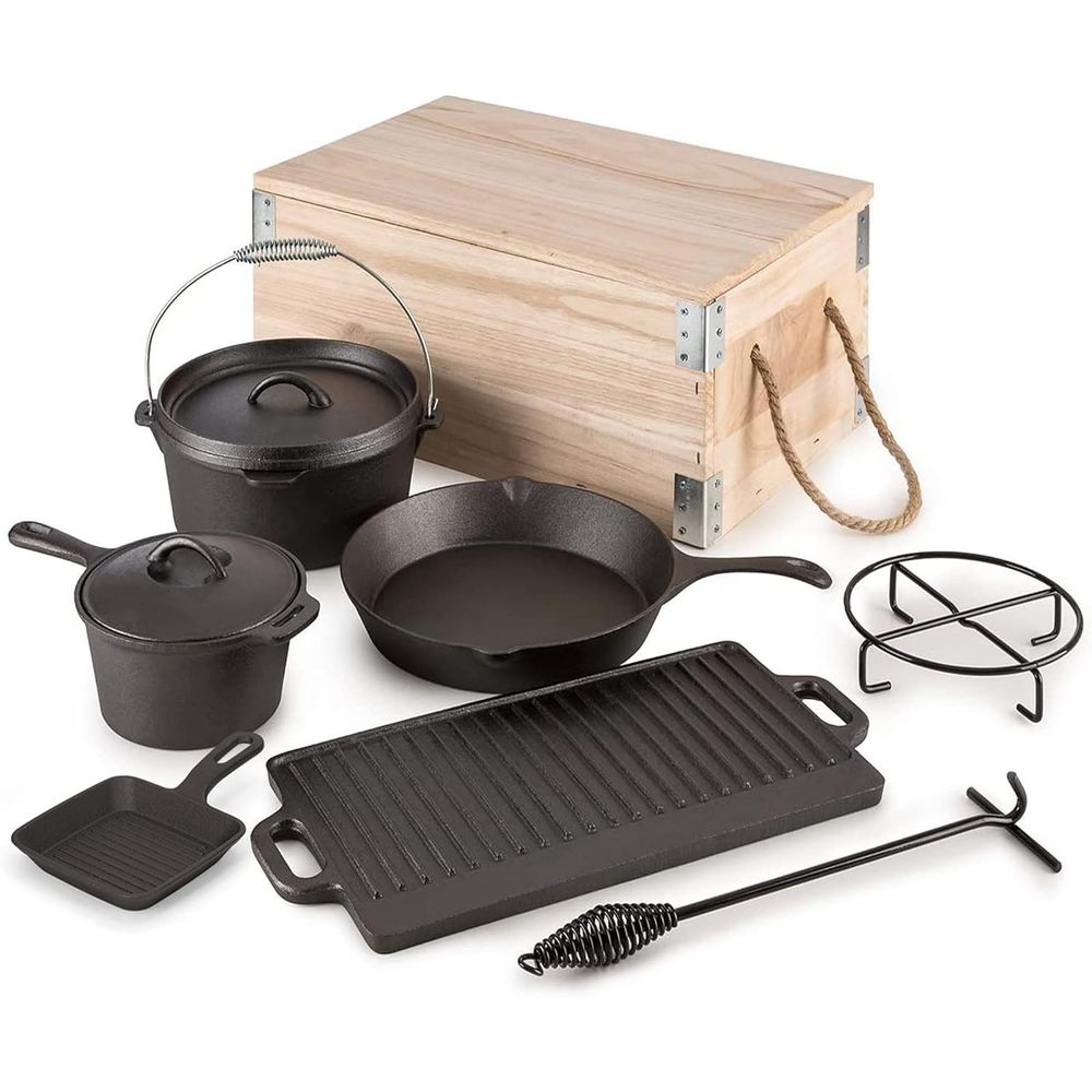 8 Piece Pre-Seasoned Dutch Ove - Vintage Camping Cooking Set 评论和价格